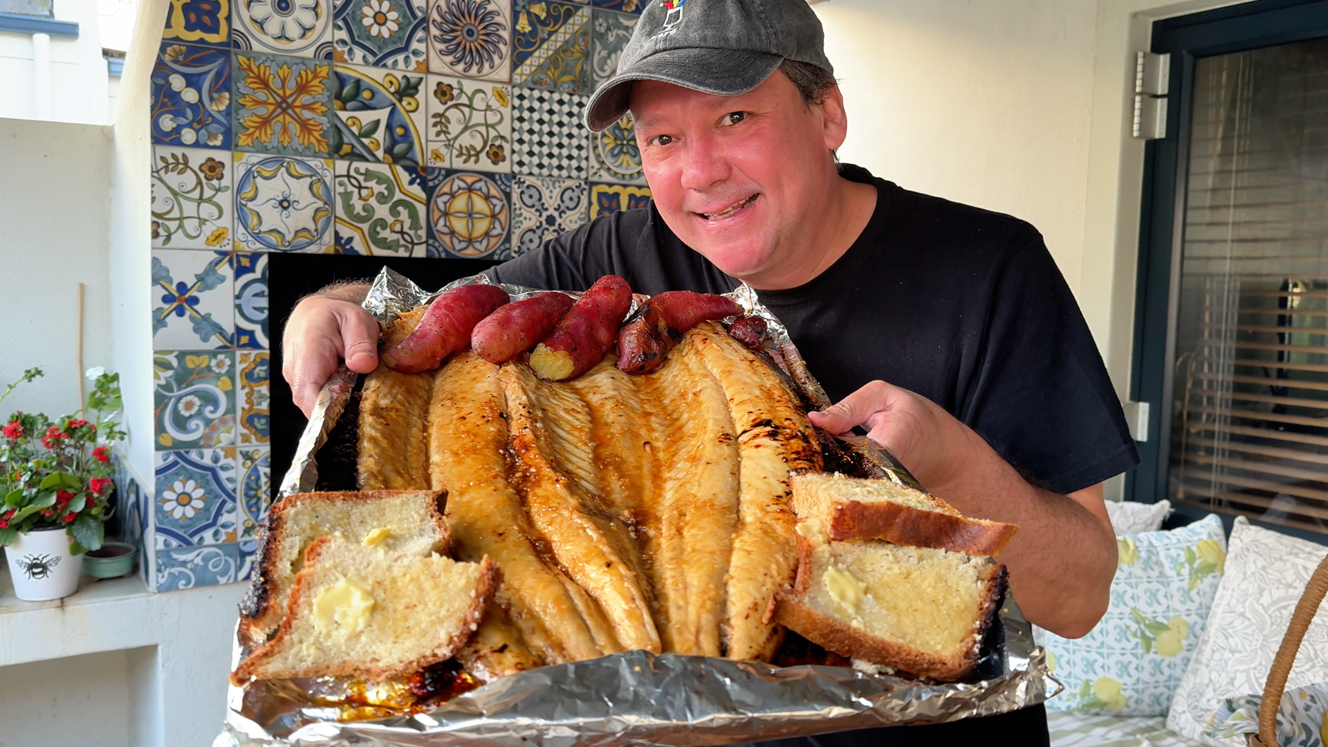 Snoek braai on the coals with garlic lemon apricot jam baste